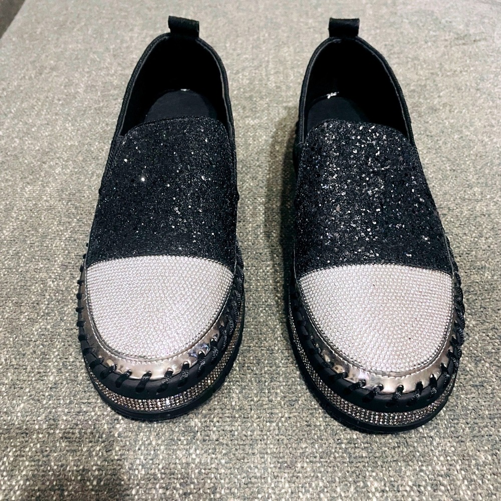 Glitter Rhinestone Slip On Sneakers Womens Platform Black Silver Size 9